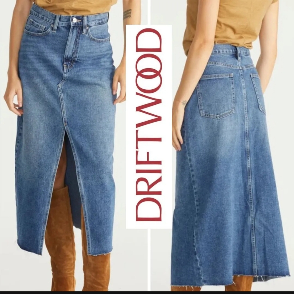 Driftwood Denim Maxi Skirt Sz 8/Med 27 Blue Jean Raw Hem 18" Front Slit Nwt